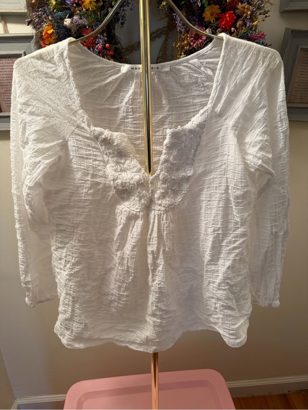 Max Studio White Cotton Gauze Peasant Tunic with Embroidered Placket